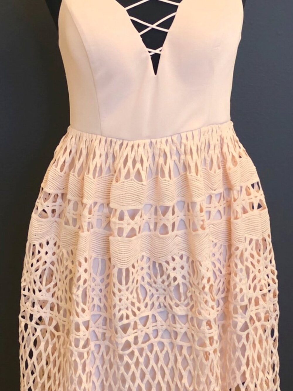 Spaghetti Strap Dress with Crochet Eylett Overlay at Skirt